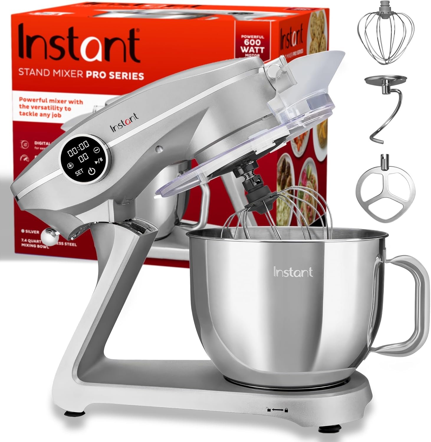 Instant Pot Stand Mixer Pro 600W 10-Speed Electric Mixer with Digital Interface, 7.4-Qt Stainless Steel Bowl, Dishwasher Safe Attachments – Silver