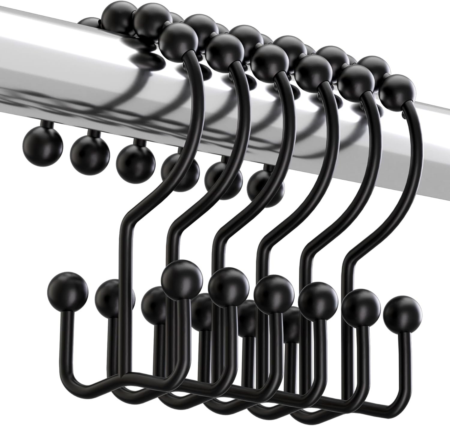 Titanker Shower Curtain Hooks – Rust-Resistant Metal Double Glide Rings for Bathroom Shower Rods & Curtains, Set of 12, Matte Black